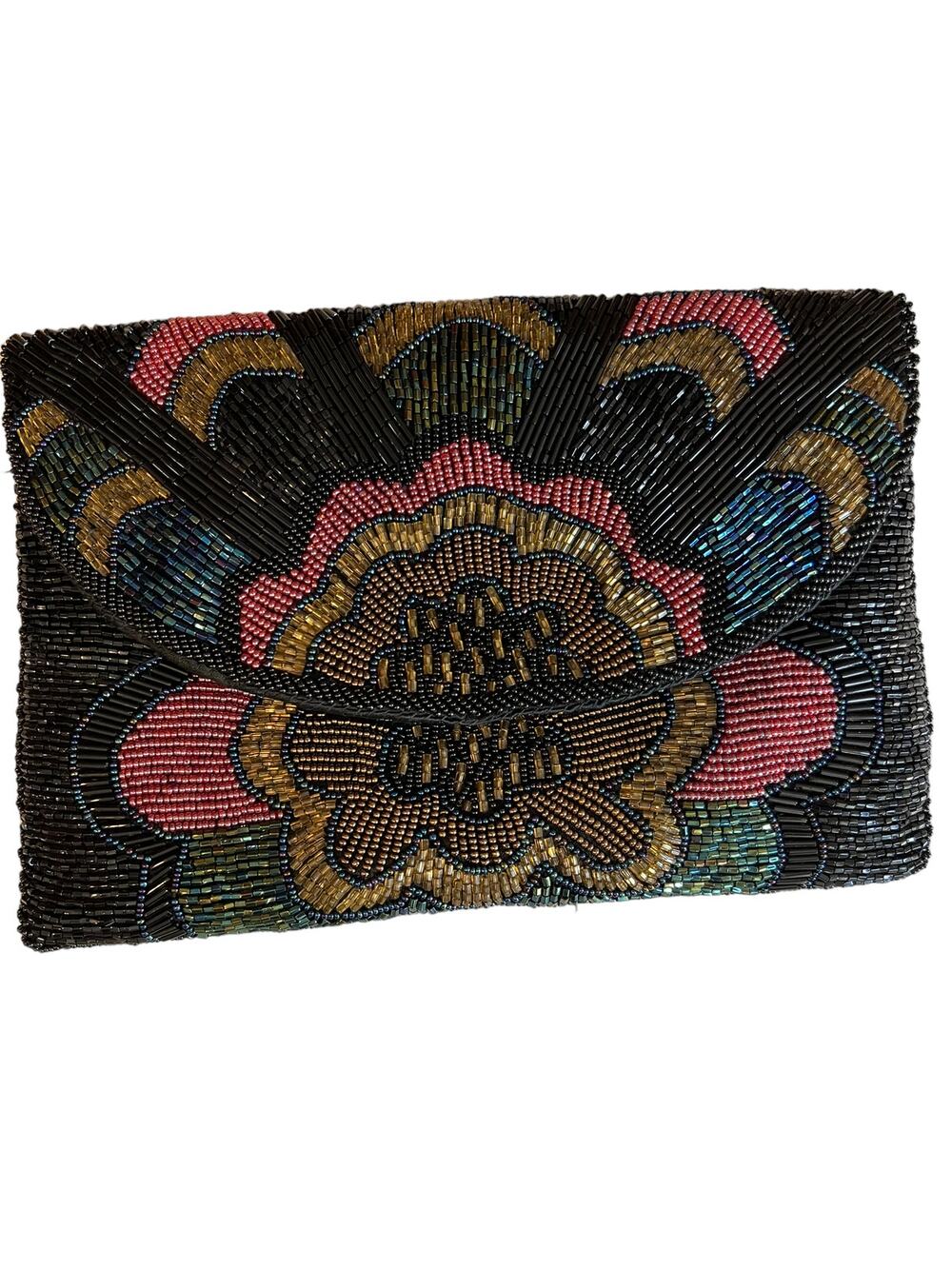 Black Beaded Floral Burst Clutch Bag